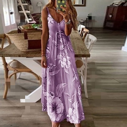 Bestseller🏆👗 Printed Strap Maxi Dress – Elegant V-Neck & Airy Fit for Garden Parties or City Strolls
