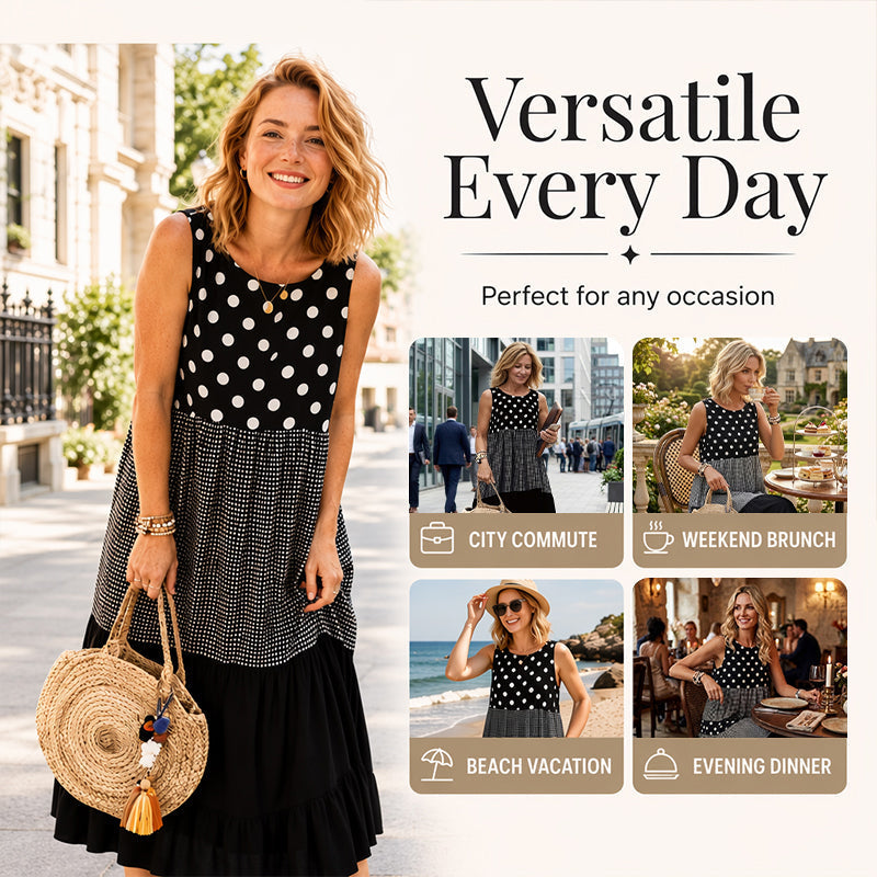 Women's Sleeveless Polka Dot & Plaid Patchwork Dress