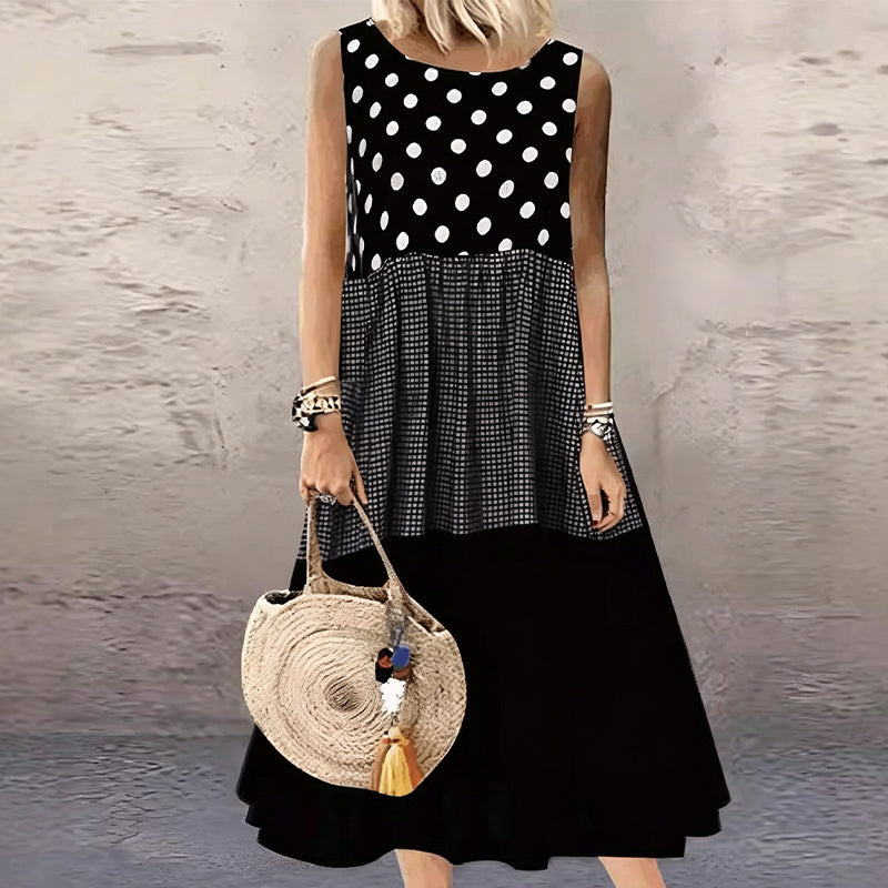 Women's Sleeveless Polka Dot & Plaid Patchwork Dress