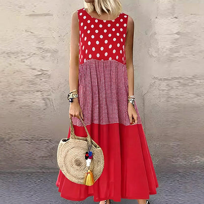 Women's Sleeveless Polka Dot & Plaid Patchwork Dress