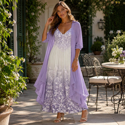 Trending Now⭐👗 Floral Maxi Dress & Cardigan Set – Lace Patchwork & Flowing Skirt for Effortless Elegance ✨