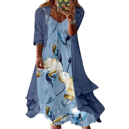 Trending Now⭐👗 Floral Maxi Dress & Cardigan Set – Lace Patchwork & Flowing Skirt for Effortless Elegance ✨
