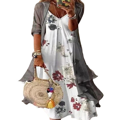 Trending Now⭐👗 Floral Maxi Dress & Cardigan Set – Lace Patchwork & Flowing Skirt for Effortless Elegance ✨
