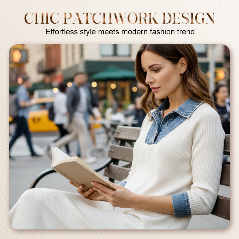 Bestseller🏆👗 Ribbed Knit & Denim Patchwork Dress – Effortless Style & Lasting Quality for Any Occasion