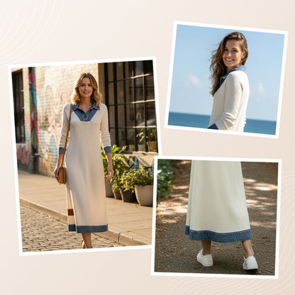 Bestseller🏆👗 Ribbed Knit & Denim Patchwork Dress – Effortless Style & Lasting Quality for Any Occasion