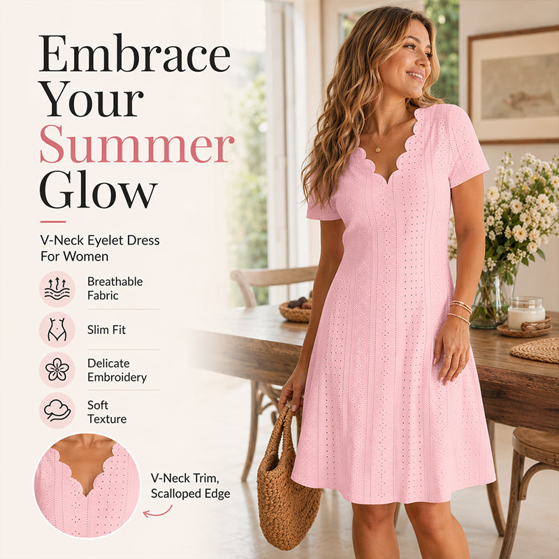 Women's Scalloped V-Neck Eyelet Dress