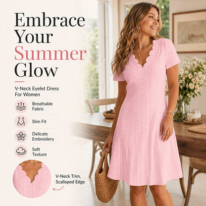 Women's Scalloped V-Neck Eyelet Dress