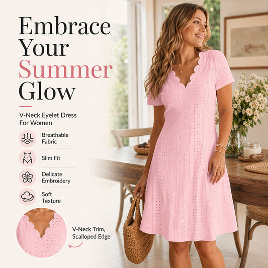 Women's Scalloped V-Neck Eyelet Dress