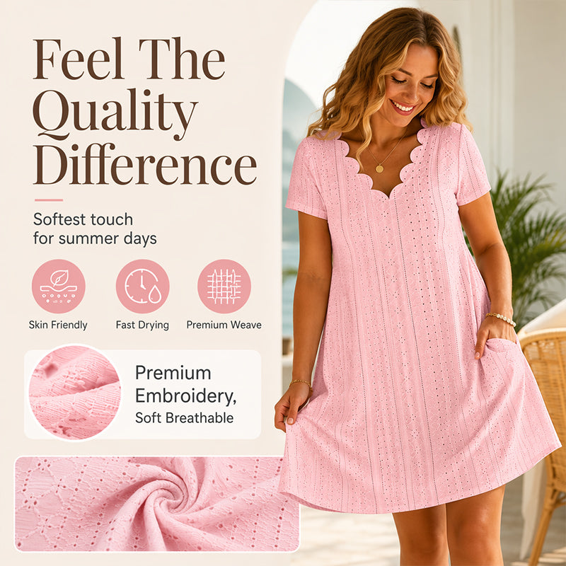 Women's Scalloped V-Neck Eyelet Dress