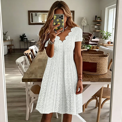 Women's Scalloped V-Neck Eyelet Dress
