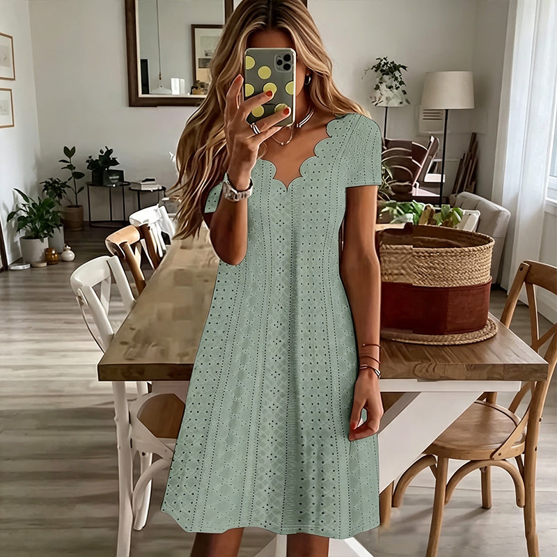 Women's Scalloped V-Neck Eyelet Dress