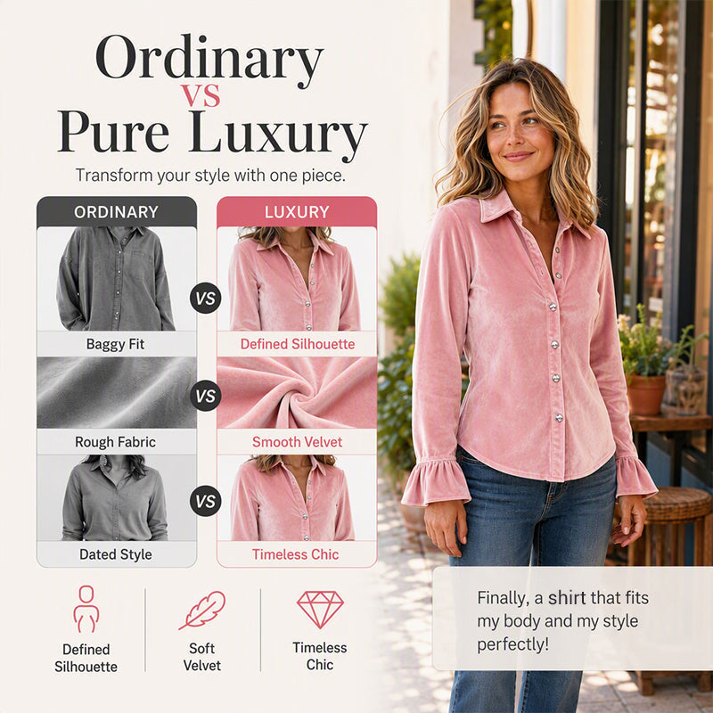 ☀️👚New Arrivals - Velvet Ruffle Cuff Top – Soft Drape & Polished Button-Front for Work or Weekend