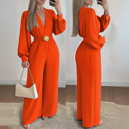 Elegant V-Neck Wide-Leg Jumpsuit with Belt