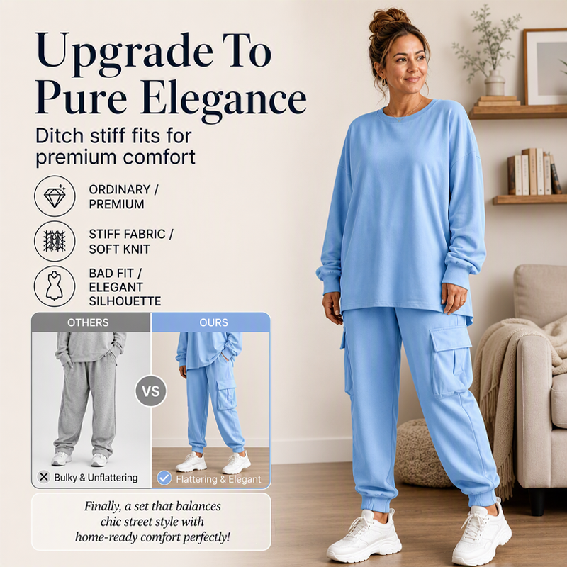 Women's Casual Crew Neck Top & Cargo Pants Set