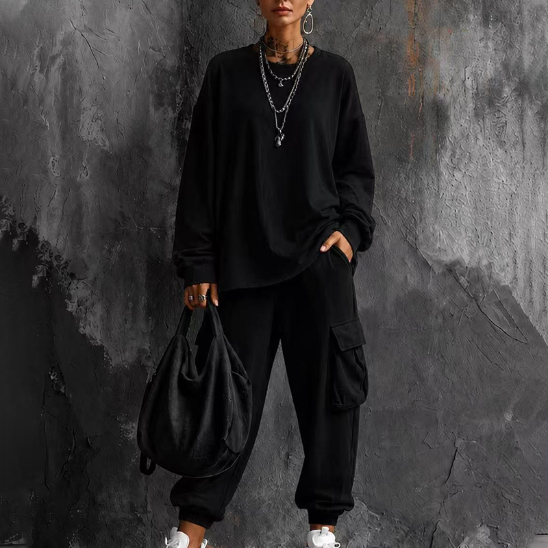 Women's Casual Crew Neck Top & Cargo Pants Set