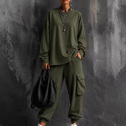 Women's Casual Crew Neck Top & Cargo Pants Set