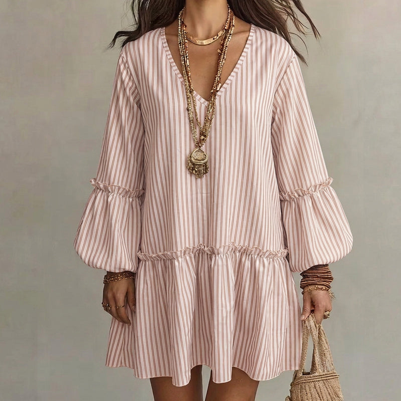 🌸👗New Arrivals - Striped Lantern Sleeve Midi Dress – Flattering V-Neck & Breezy Silhouette for Any Casual Day