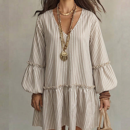 🌸👗New Arrivals - Striped Lantern Sleeve Midi Dress – Flattering V-Neck & Breezy Silhouette for Any Casual Day
