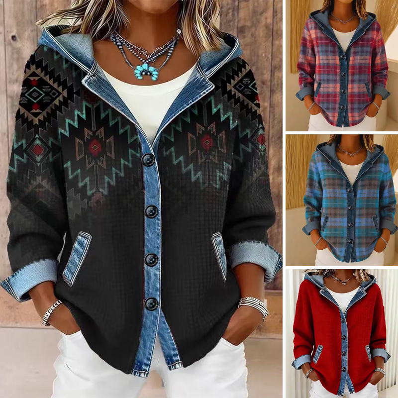 Women's Denim Patchwork Hooded Jacket