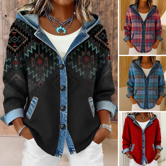 Women's Denim Patchwork Hooded Jacket