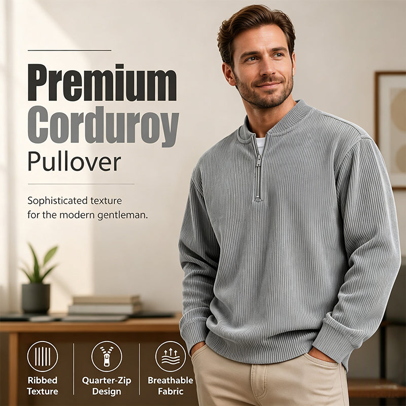 Men's Corduroy Quarter-Zip Pullover Sweatshirt Casual Stand Collar Long Sleeve Top