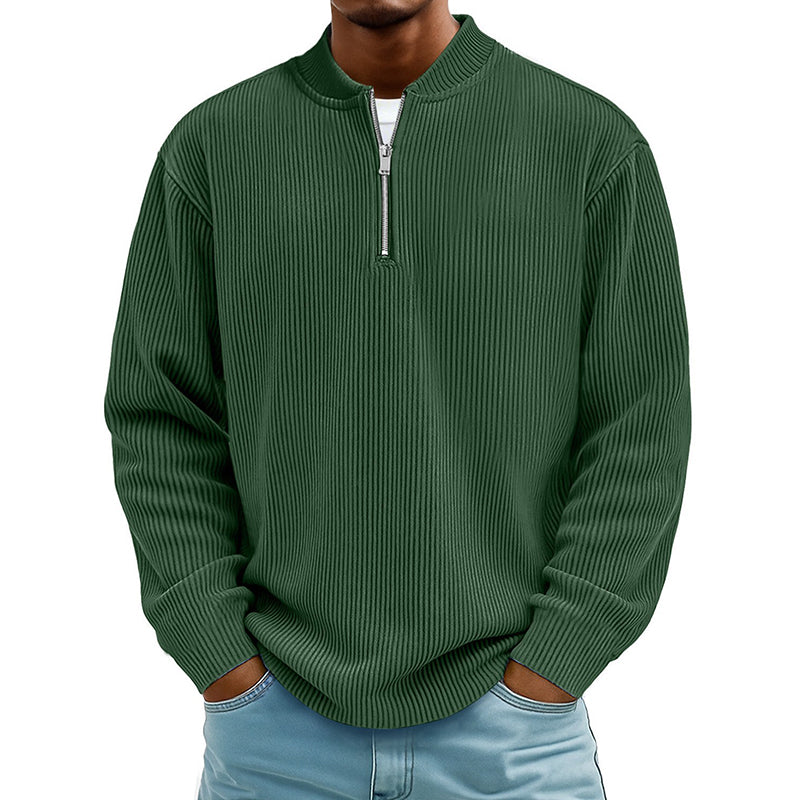 Men's Corduroy Quarter-Zip Pullover Sweatshirt Casual Stand Collar Long Sleeve Top