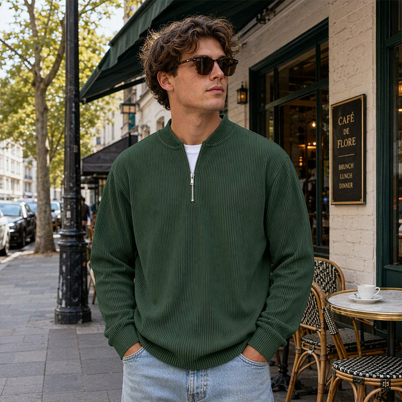 Men's Corduroy Quarter-Zip Pullover Sweatshirt Casual Stand Collar Long Sleeve Top