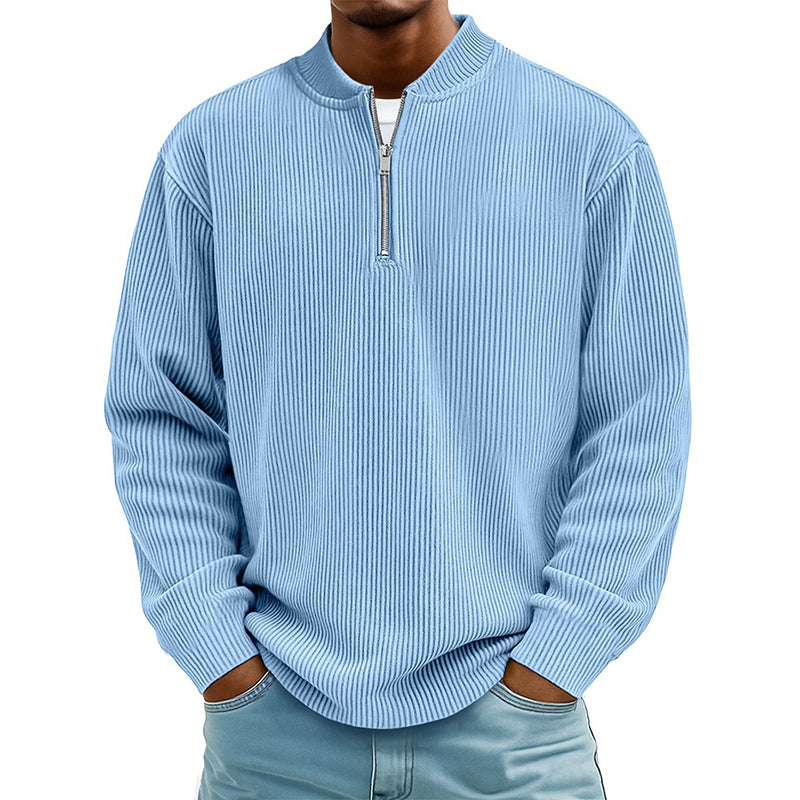Men's Corduroy Quarter-Zip Pullover Sweatshirt Casual Stand Collar Long Sleeve Top