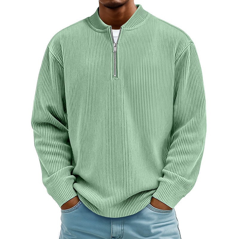 Men's Corduroy Quarter-Zip Pullover Sweatshirt Casual Stand Collar Long Sleeve Top