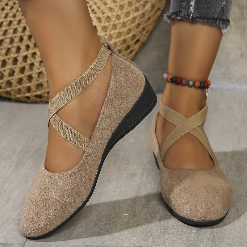 Elegant Solid Color Elastic Strap Low Wedge Shoes