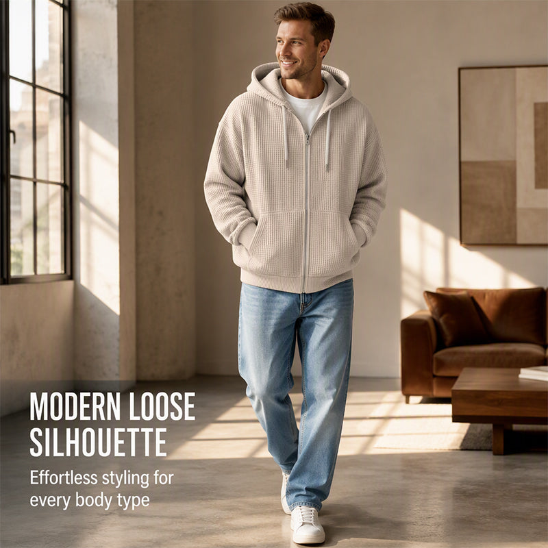 🍂Men's Full -Zip Waffle Knit Hooded Sweatshirt – Cozy Comfort Meets Everyday Style