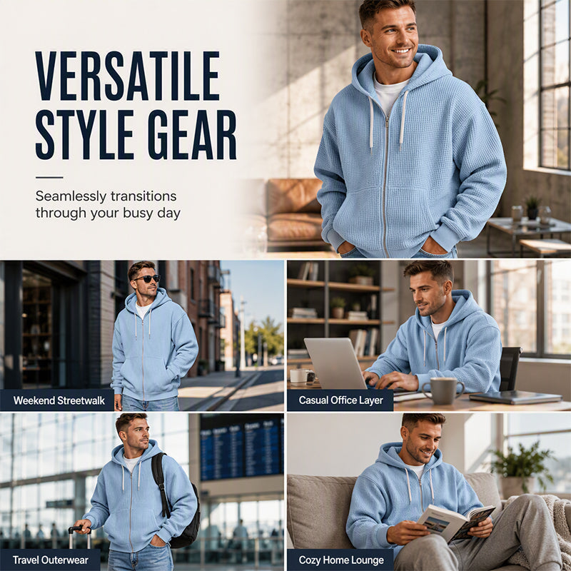 🍂Men's Full -Zip Waffle Knit Hooded Sweatshirt – Cozy Comfort Meets Everyday Style