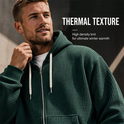 🍂Men's Full -Zip Waffle Knit Hooded Sweatshirt – Cozy Comfort Meets Everyday Style