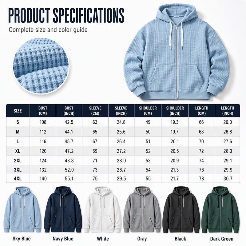 🍂Men's Full -Zip Waffle Knit Hooded Sweatshirt – Cozy Comfort Meets Everyday Style
