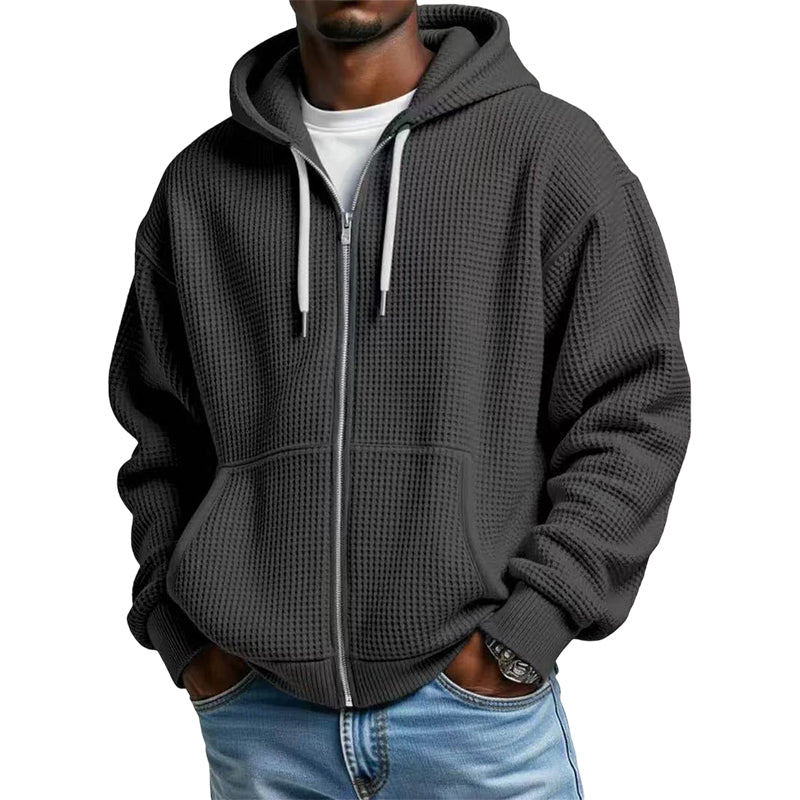 🍂Men's Full -Zip Waffle Knit Hooded Sweatshirt – Cozy Comfort Meets Everyday Style