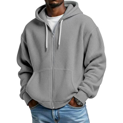 🍂Men's Full -Zip Waffle Knit Hooded Sweatshirt – Cozy Comfort Meets Everyday Style
