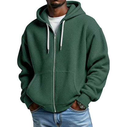 🍂Men's Full -Zip Waffle Knit Hooded Sweatshirt – Cozy Comfort Meets Everyday Style