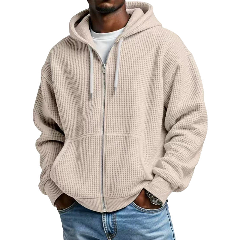 🍂Men's Full -Zip Waffle Knit Hooded Sweatshirt – Cozy Comfort Meets Everyday Style