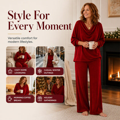 Women's Cowl Neck Top and Wide-Leg Pants Set