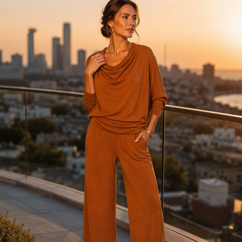 Women's Cowl Neck Top and Wide-Leg Pants Set