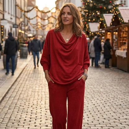 Women's Cowl Neck Top and Wide-Leg Pants Set