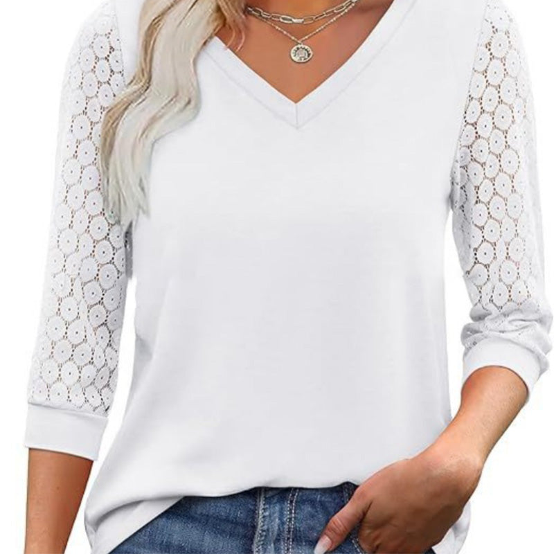 Women's Casual V-Neck Lace 3/4 Length Sleeve Top