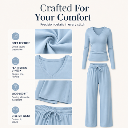 Women's V-Neck Long-Sleeve Top & Wide-Leg Pants Set