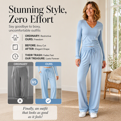 Women's V-Neck Long-Sleeve Top & Wide-Leg Pants Set