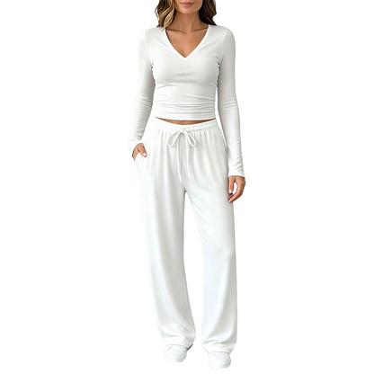 Women's V-Neck Long-Sleeve Top & Wide-Leg Pants Set