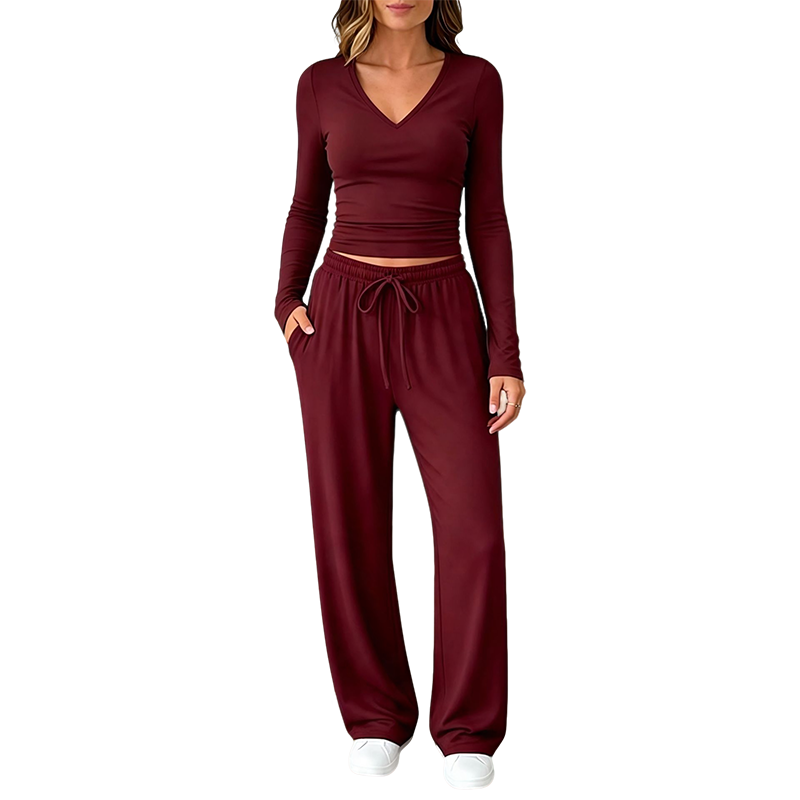 Women's V-Neck Long-Sleeve Top & Wide-Leg Pants Set