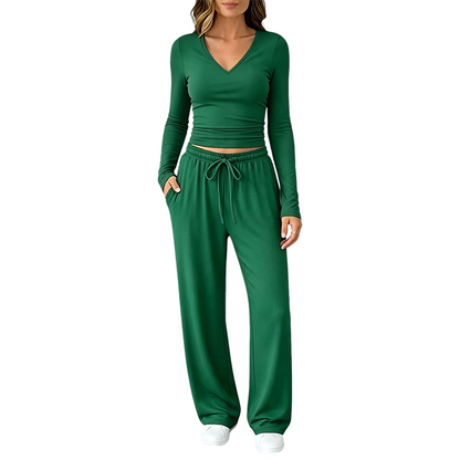 Women's V-Neck Long-Sleeve Top & Wide-Leg Pants Set