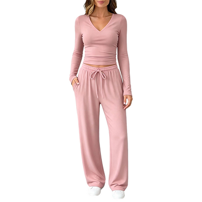 Women's V-Neck Long-Sleeve Top & Wide-Leg Pants Set