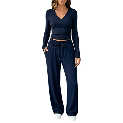 Women's V-Neck Long-Sleeve Top & Wide-Leg Pants Set