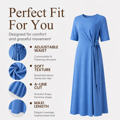 Women's Elegant Midi Dress with Adjustable Waist Tie